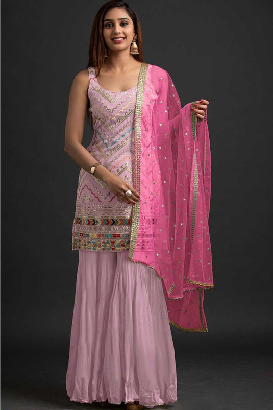 Georgette Fabric Function Wear Glamorous Sharara Suit in Pink Color