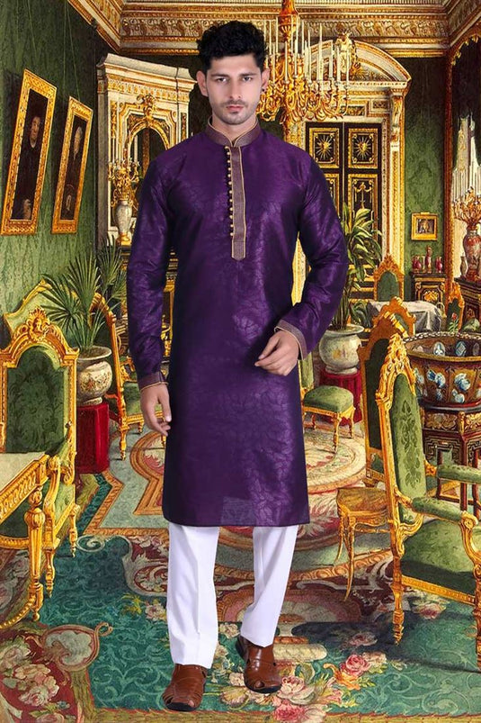 Beauteous Purple Color Cotton Fabric Function Wear Kurta