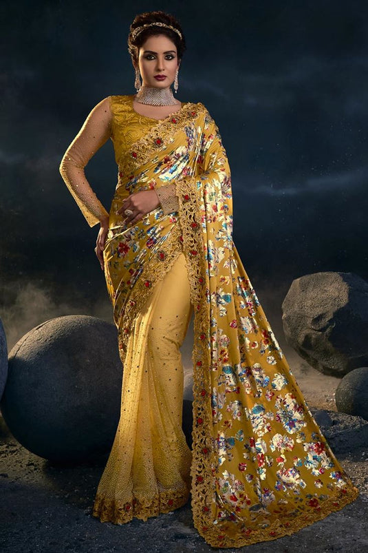Art Silk Fabric Brilliant Saree With Sequins Work In Yellow Color