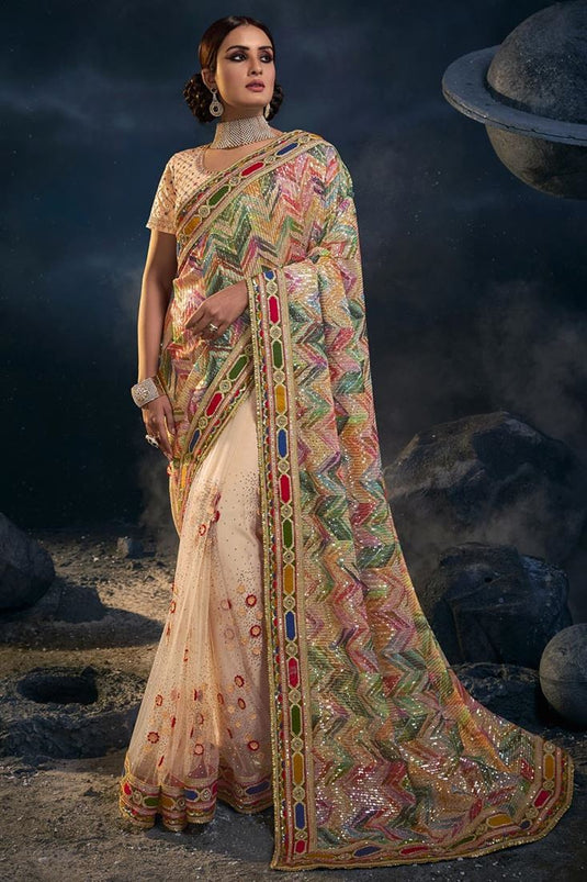 Blazing Cream Color Art Silk Fabric Saree With Sequins Work