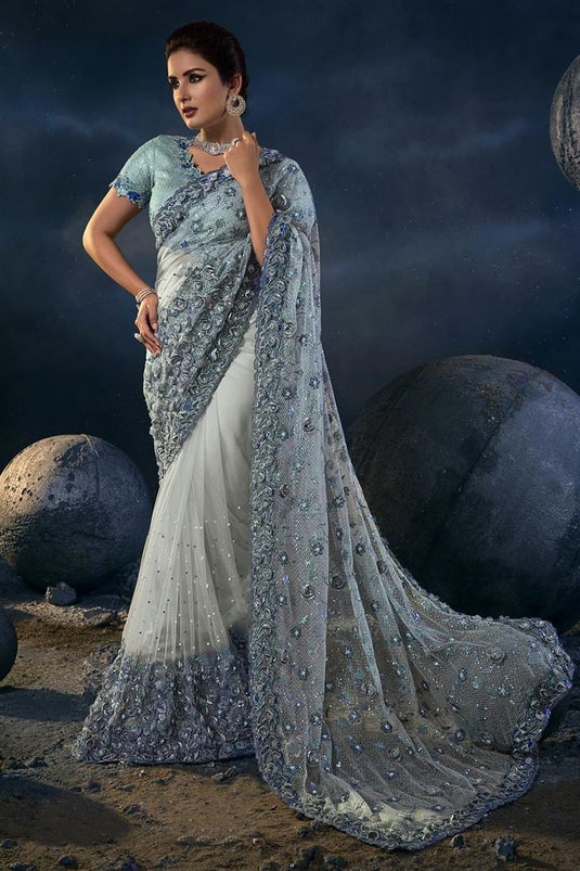 Light Cyan Color Art Silk Fabric Fantastic Saree With Sequins Work