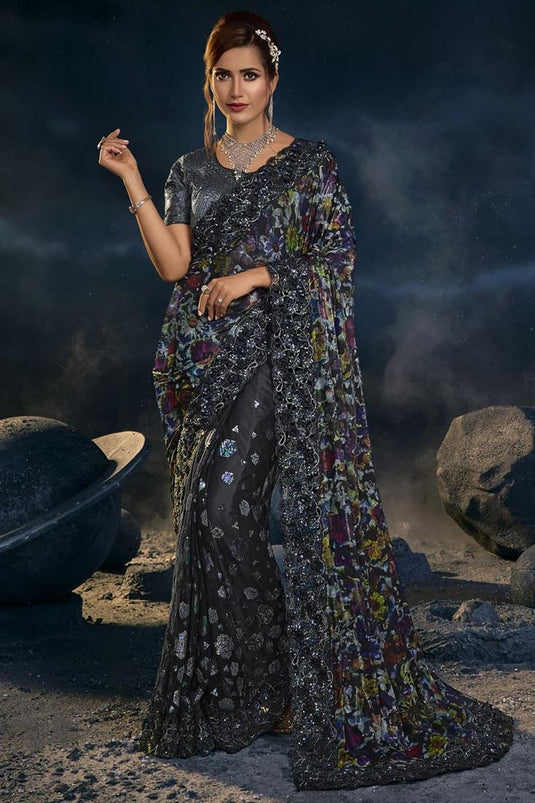 Black Color Saree With Sequins Work In Soothing Art Silk Fabric