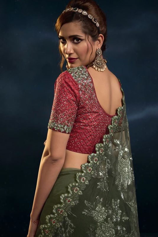 Mehendi Green Color Captivating Saree With Sequins Work In Art Silk Fabric