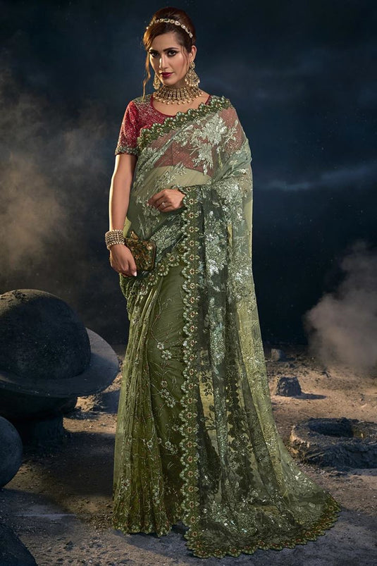 Mehendi Green Color Captivating Saree With Sequins Work In Art Silk Fabric