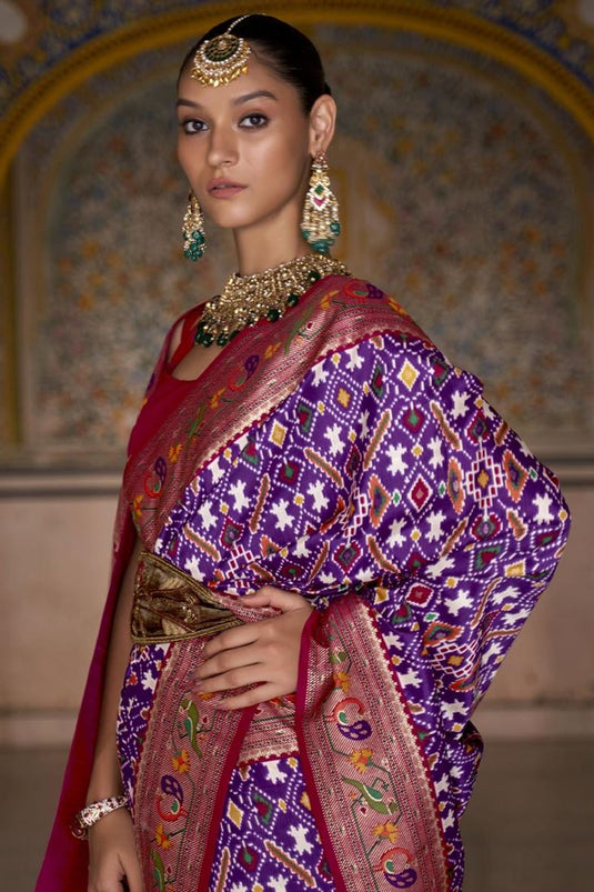 Aristocratic Patola Printed On Purple Color Saree In Art Silk Fabric