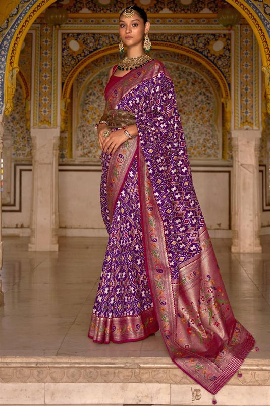 Aristocratic Patola Printed On Purple Color Saree In Art Silk Fabric