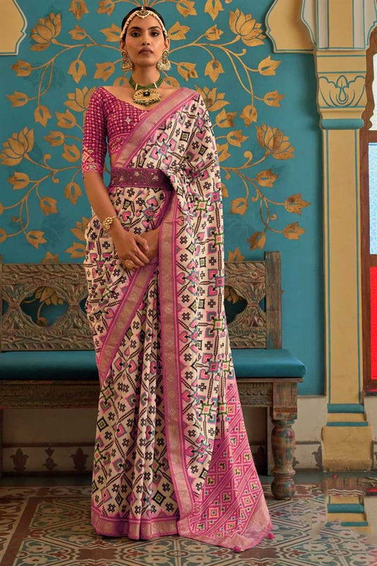 Winsome Patola Printed Work On Pink Color Art Silk Fabric Saree