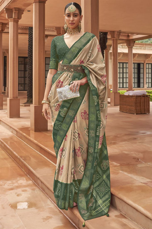 Stunning Chikoo Color Patola Printed Saree In Art Silk Fabric