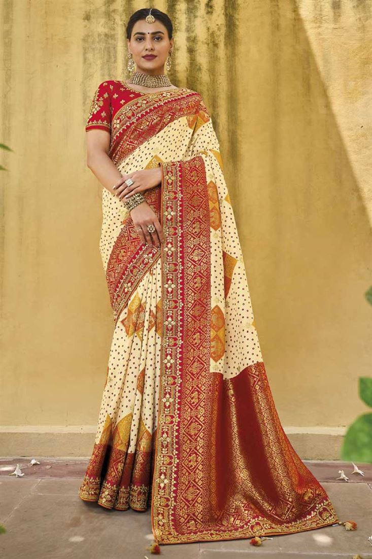 Cream And Red Printed Patola Silk Saree With Red Blouse | Kolour