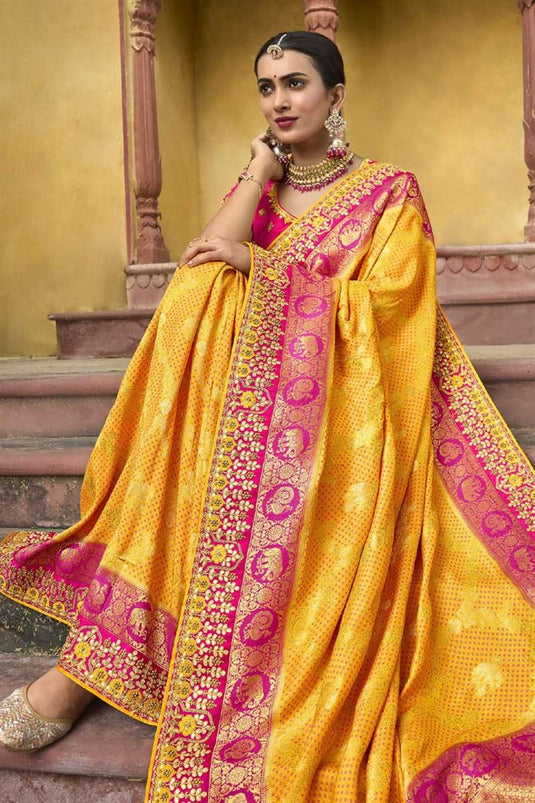 Wedding Wear Inventive Yellow Color Saree In Silk Fabric