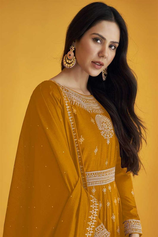 Sonam Bajwa Mustard Color Georgette Fabric Elegant Festive Look Anarkali Suit