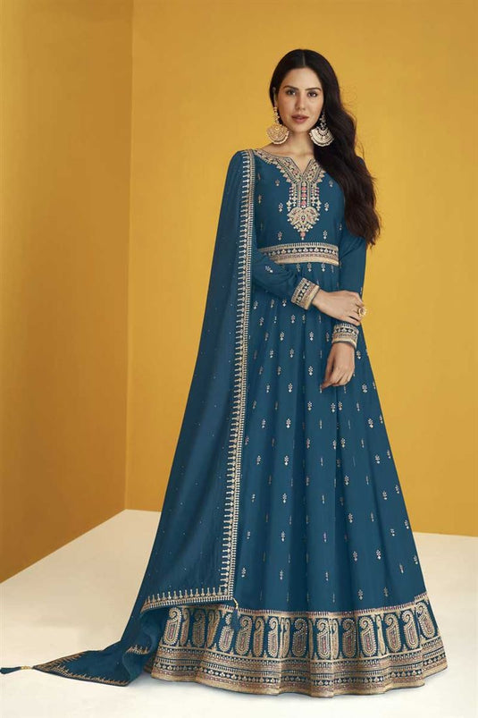 Sonam Bajwa Blue Color Georgette Fabric Tempting Festive Look Anarkali Suit