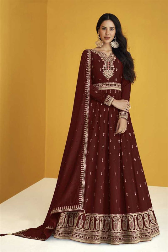Sonam Bajwa Charming Maroon Color Georgette Fabric Festive Look Anarkali Suit