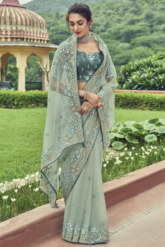 Organza Fabric Light Cyan Color Patterned Saree With Border Work