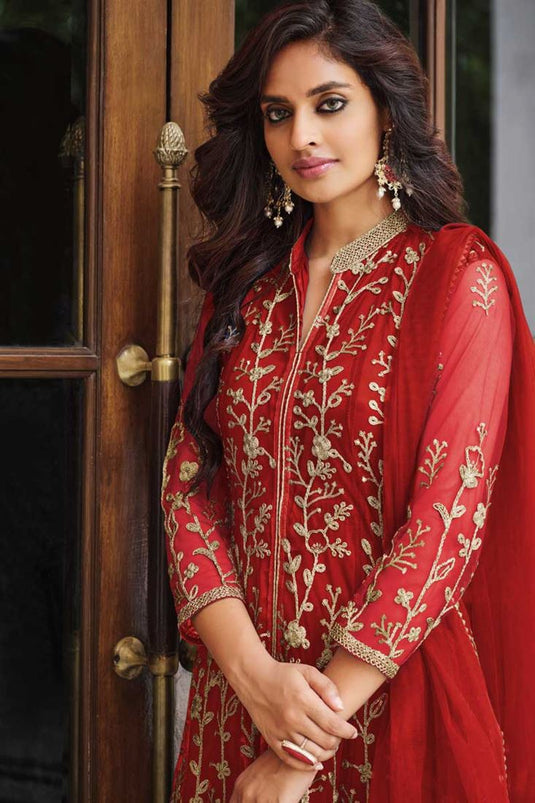 Classic Red Color Party Look Salwar Suit In Net Fabric
