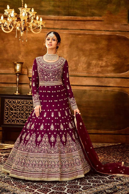 Appealing Sangeet Wear Georgette Fabric Anarkali Suit In Wine Color