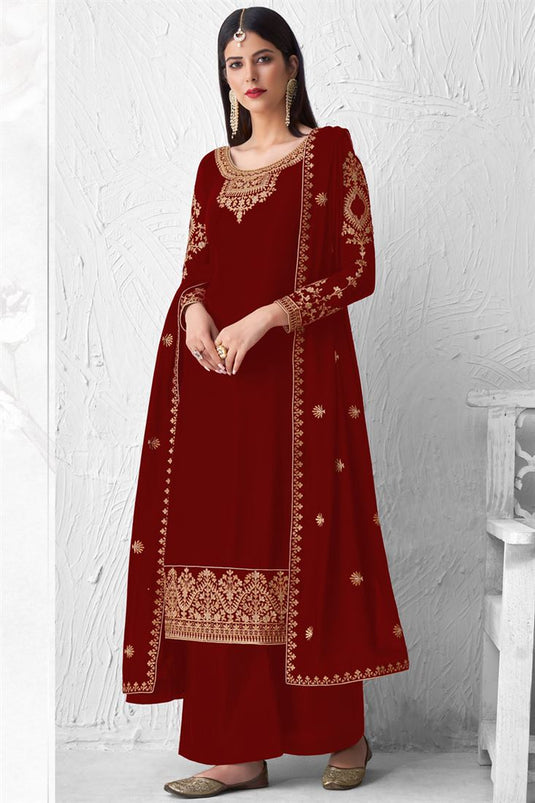 Georgette Fabric Maroon Color Festive Look Winsome Palazzo Suit