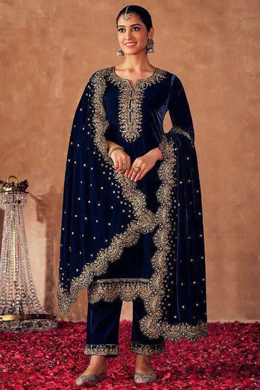 Blue Velvet Fabric Spectacular Salwar Suit