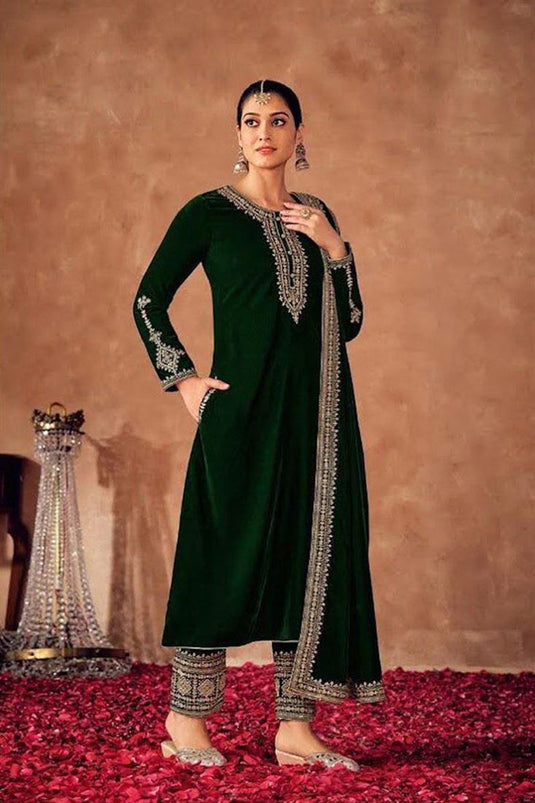 Green Color Velvet Fabric Intricate Embroidered Salwar Suit