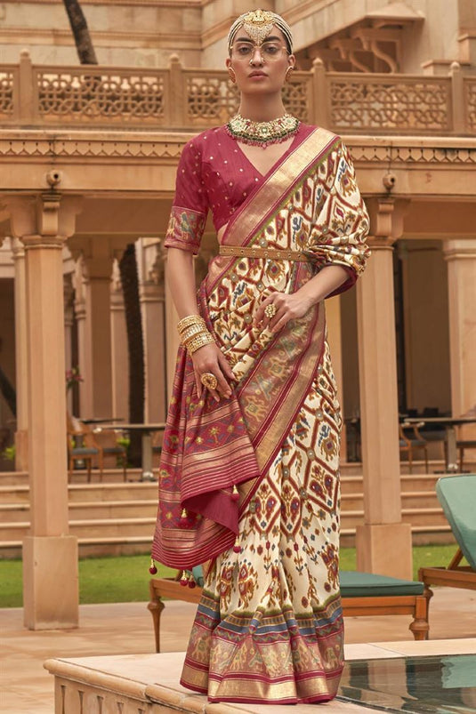 Art Silk Fabric Coveted Patola Cream Color Saree