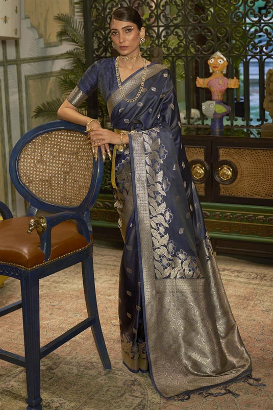 Engaging Navy Blue Color Silk Saree With Weaving Work