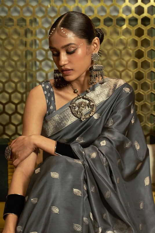 Grey Color Silk Saree With Winsome Weaving Work