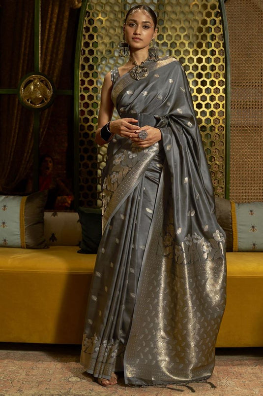 Grey Color Silk Saree With Winsome Weaving Work