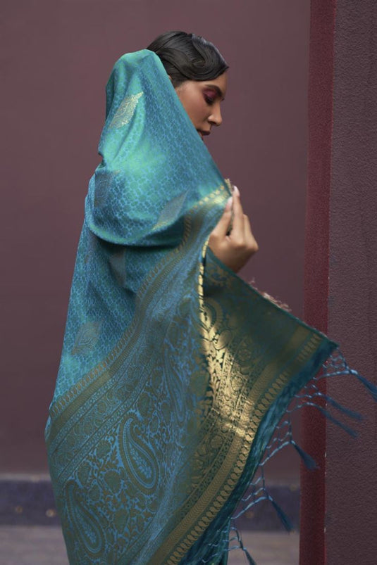 Weaving Work On Cyan Saree In Febulous Satin Silk Fabric