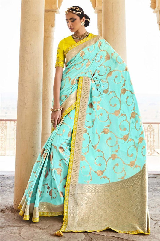 Light Cyan Color Weaving Work Lovely Look Silk Saree