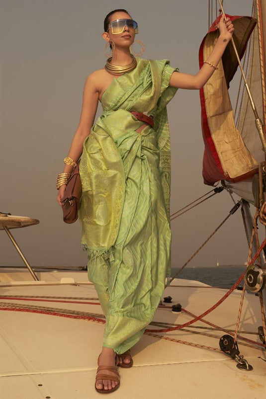 Attractive Weaving Work Satin Fabric Saree In Sea Green Color
