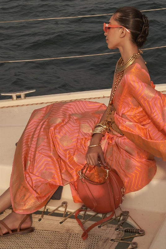 Glamorous Peach Color Satin Fabric Weaving Work Function Wear Saree