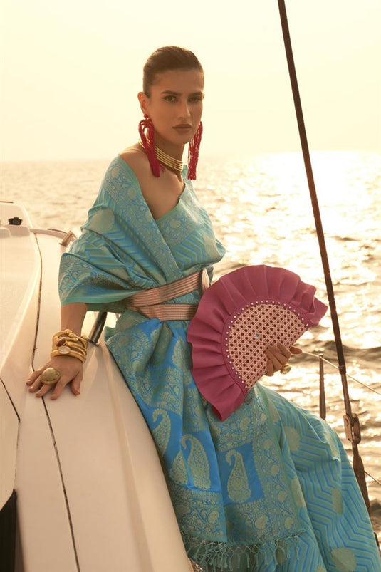 Cyan Color Graceful Satin Fabric Weaving Work Festive Wear Saree