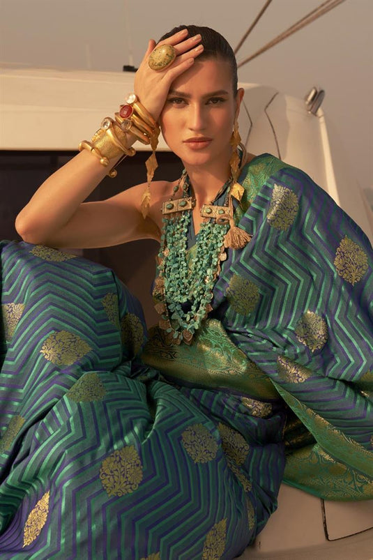 Satin Fabric Gorgeous Weaving Work Sangeet Wear Saree In Cyan Color
