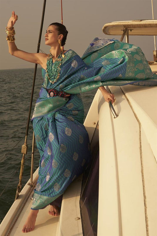 Satin Fabric Gorgeous Weaving Work Sangeet Wear Saree In Cyan Color