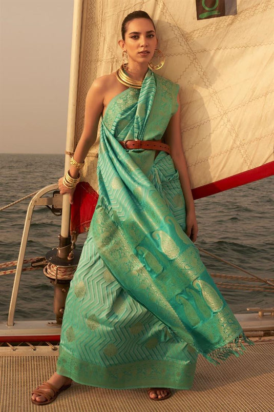 Stunning Weaving Work Wedding Wear Saree In Sea Green Color Satin Fabric