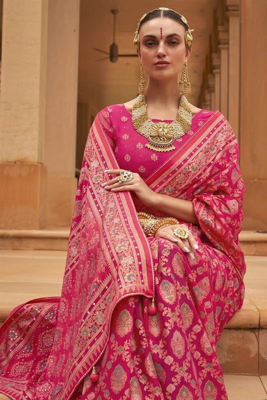 Soothing Printed Work On Pink Color Brasso Fabric Saree