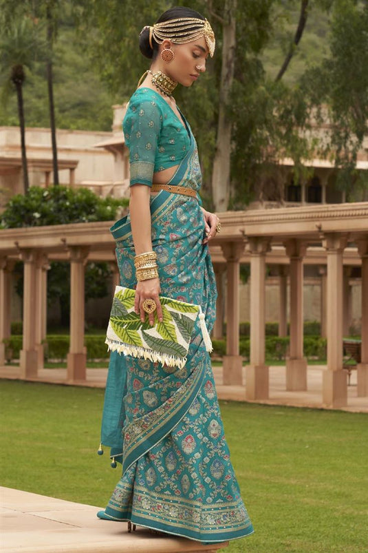 Printed Work On Brasso Fabric Cyan Color Gorgeous Saree