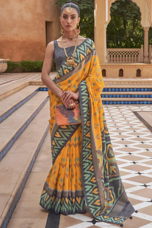 Classic Printed Work On Yellow Color Patola Saree In Art Silk Fabric
