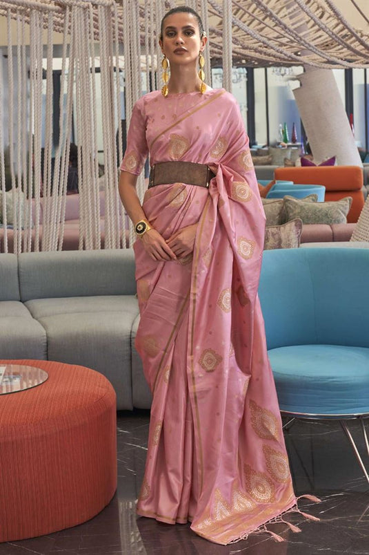 Satin Fabric Beguiling Pink Color Function Wear Saree