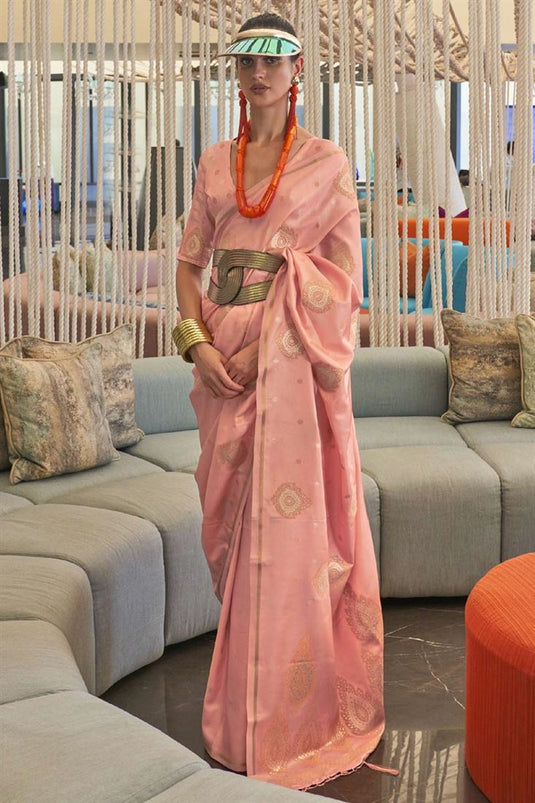 Peach Color Ravishing Function Wear Satin Fabric Saree