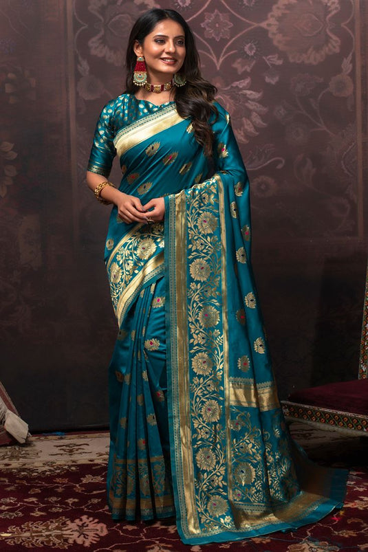 Art Silk Fabric Cyan Color Attractive Festive Look Saree