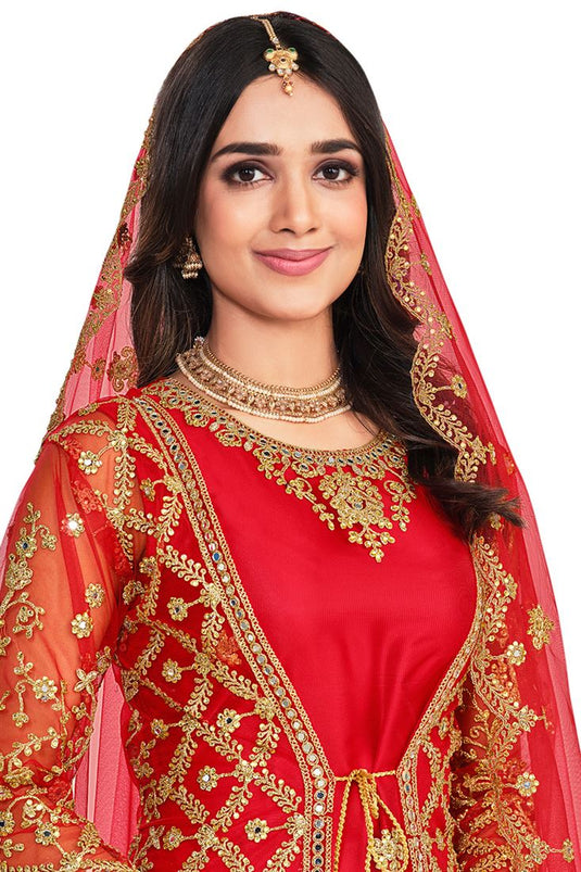 Net Fabric Bewitching Salwar Suit With Koti In Red Color