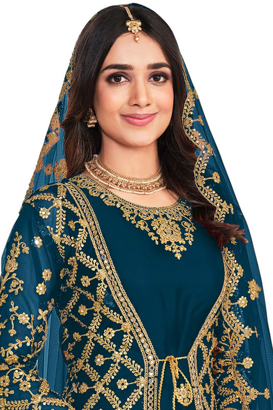 Net Fabric Teal Color Riveting Salwar Suit With Koti