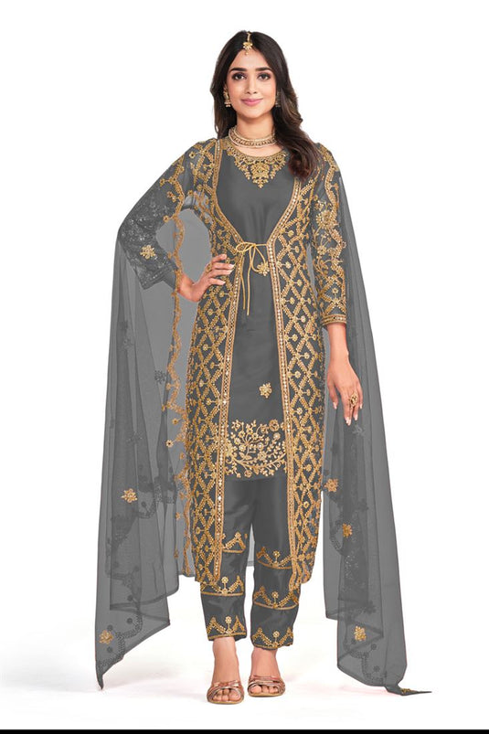 Grey Color Net Fabric Princely Salwar Suit With Koti