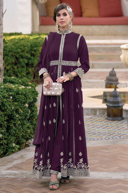 Incredible Embroidered Work Purple Color Georgette Anarkali Suit