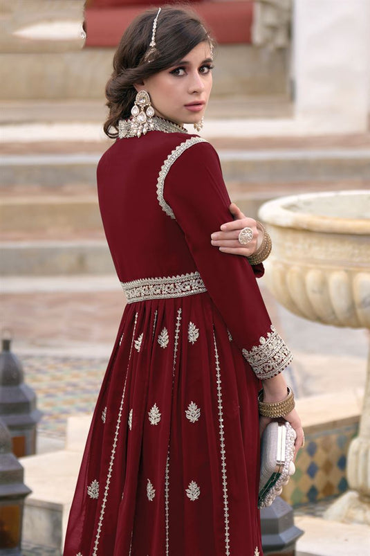 Tempting Maroon Color Georgette Anarkali Suit With Embroidered Work