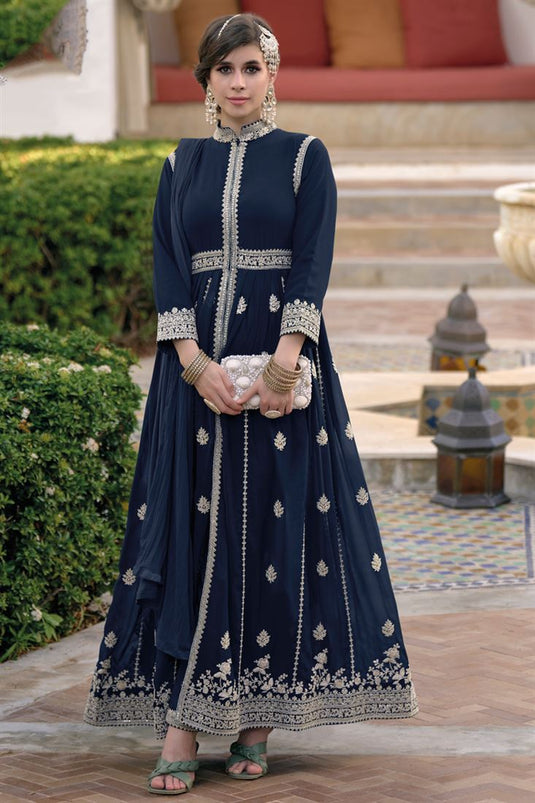 Engaging Navy Blue Color Georgette Anarkali Suit With Embroidered Work