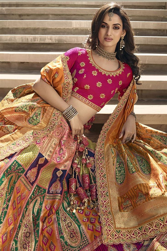 Multi Color Amazing Banarasi Silk Fabric Bridal Lehenga