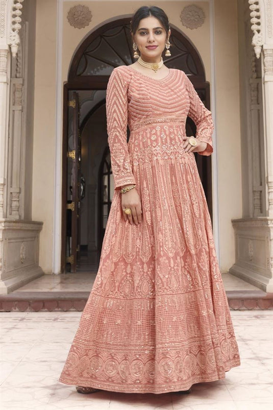 Georgette Fabric Tempting Embroidered Anarklai Suit In Peach Color