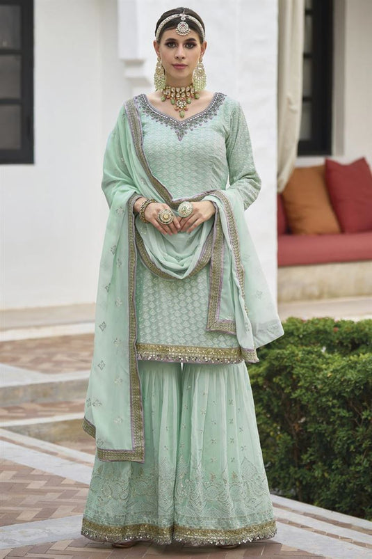 Dazzling Georgette Fabric Sea Green Color Palazzo Suit